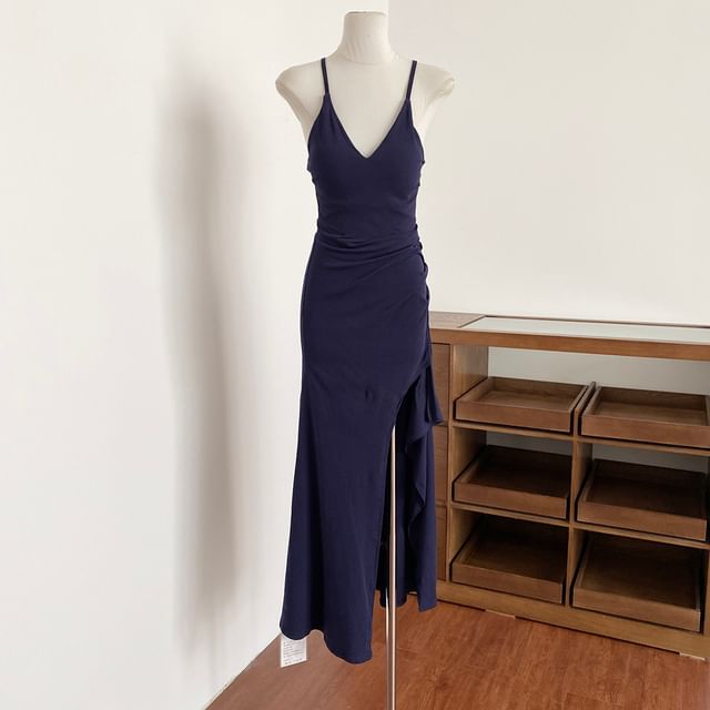 Spaghetti Strap V-Neck Plain Side-Slit Maxi Sheath Dress