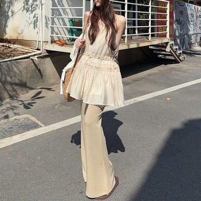 Spaghetti Strap Plain Frill Trim Drawstring Waist Mini A-Line Dress / Mid Rise Asymmetrical Skirt Overlay Flared Pants