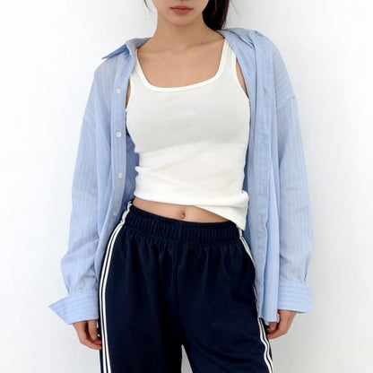 Pinstriped Button-Up Shirt with Long Sleeves and Collar