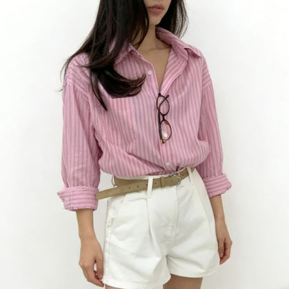 Pinstriped Button-Up Shirt with Long Sleeves and Collar