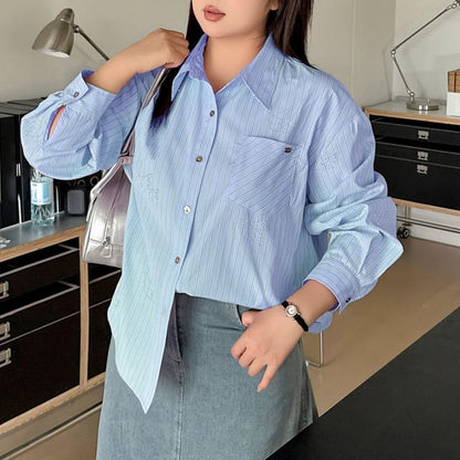 Rhinestone Embellished Striped Long-Sleeve Shirt