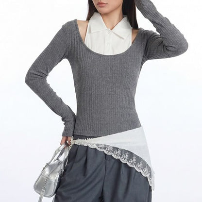 Two-Tone Crop Top with Collar, Cold Shoulder, and Slim Fit