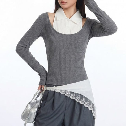 Two-Tone Crop Top with Collar, Cold Shoulder, and Slim Fit