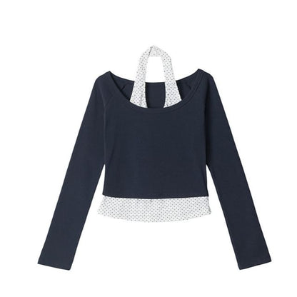 Micro Dot Crop T-Shirt with Halter Neck and Long Sleeves
