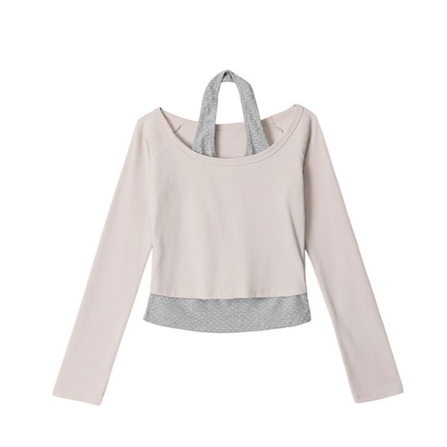 Micro Dot Crop T-Shirt with Halter Neck and Long Sleeves
