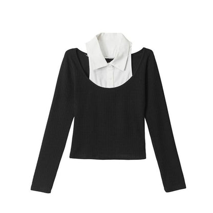 Two-Tone Crop Top with Collar, Cold Shoulder, and Slim Fit