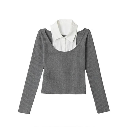 Two-Tone Crop Top with Collar, Cold Shoulder, and Slim Fit