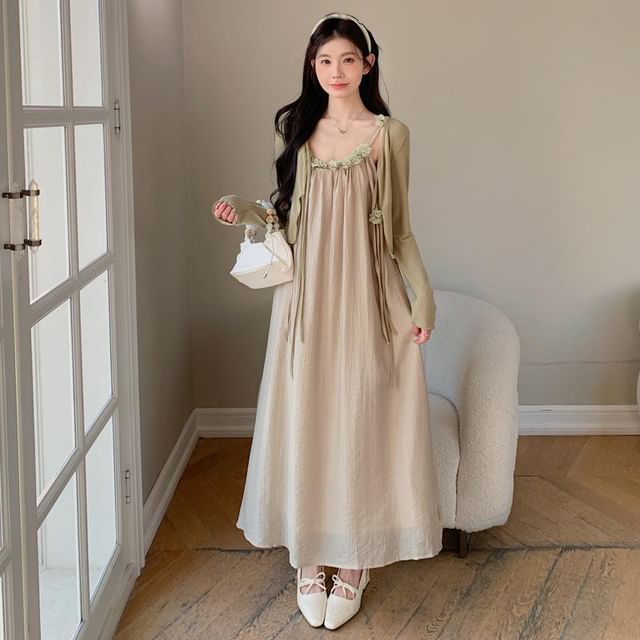 Maternity Plain Crop Cardigan / Spaghetti Strap Maxi A-Line Dress