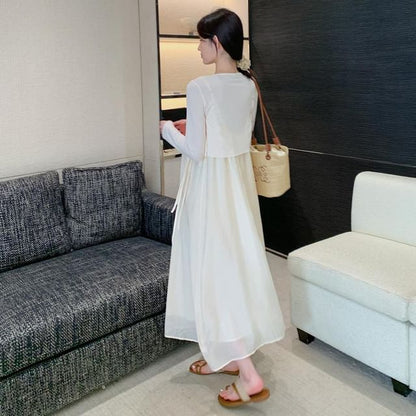 Maternity Plain Crop Cardigan / Spaghetti Strap Maxi A-Line Dress