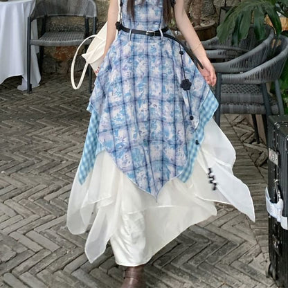 Spaghetti Strap Plaid Panel Midi A-Line Dress / High Waist Plain Asymmetrical Maxi A-Line Skirt
