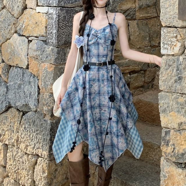 Spaghetti Strap Plaid Panel Midi A-Line Dress / High Waist Plain Asymmetrical Maxi A-Line Skirt