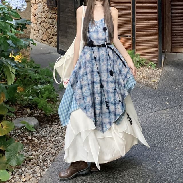 Spaghetti Strap Plaid Panel Midi A-Line Dress / High Waist Plain Asymmetrical Maxi A-Line Skirt