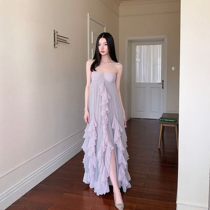 Strappy Ruffle Sheer Maxi A-Line Dress