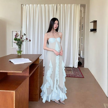 Strappy Ruffle Sheer Maxi A-Line Dress