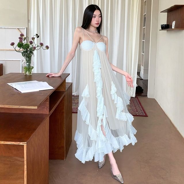 Strappy Ruffle Sheer Maxi A-Line Dress