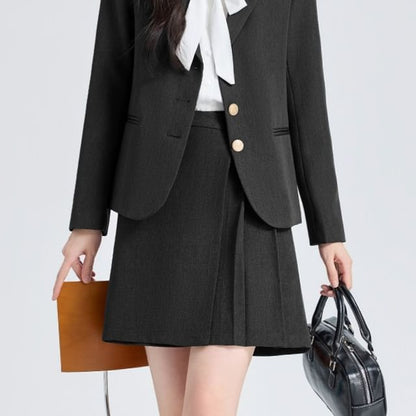 Blazer and Skirt Set with Pleated Mini and Tie Neck Blouse