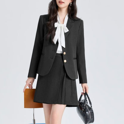 Coordinated Set: Blazer, Pleated Mini Skirt, and Tie Neck Blouse