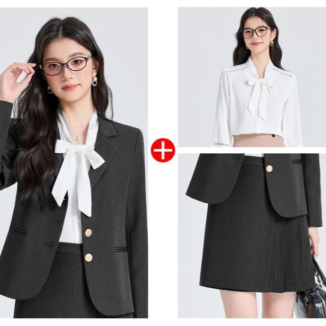 Coordinated Set: Blazer, Pleated Mini Skirt, and Tie Neck Blouse