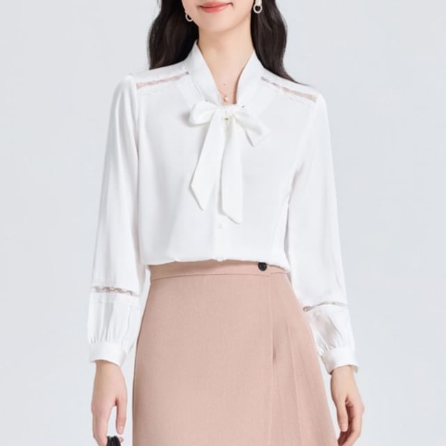 Blazer and Skirt Set with Pleated Mini and Tie Neck Blouse