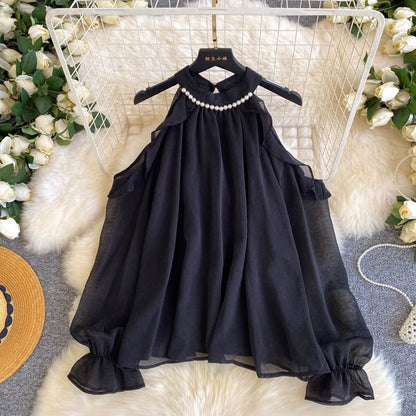 Beaded Sheer Cold-Shoulder Blouse