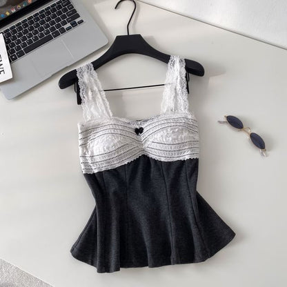 Lace Panel Sleeveless Flowy Crop Top