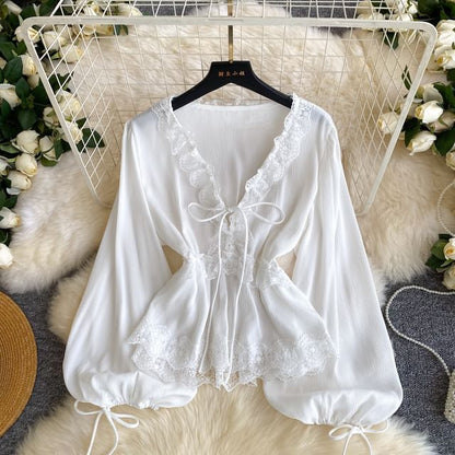 V-Neck Lace Trim Long-Sleeve Crop Blouse