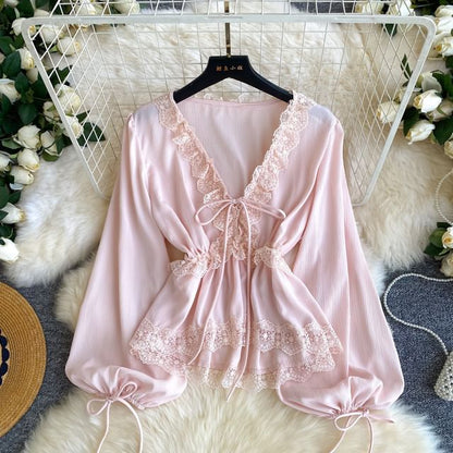 V-Neck Lace Trim Long-Sleeve Crop Blouse