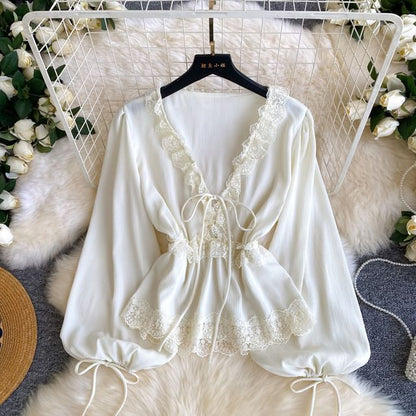V-Neck Lace Trim Long-Sleeve Crop Blouse