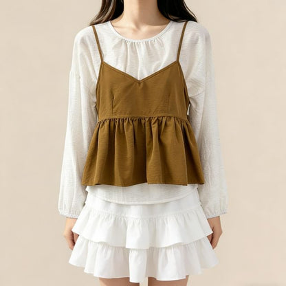 Round Neck Plain Shirt & Peplum V-Neck Cami Set