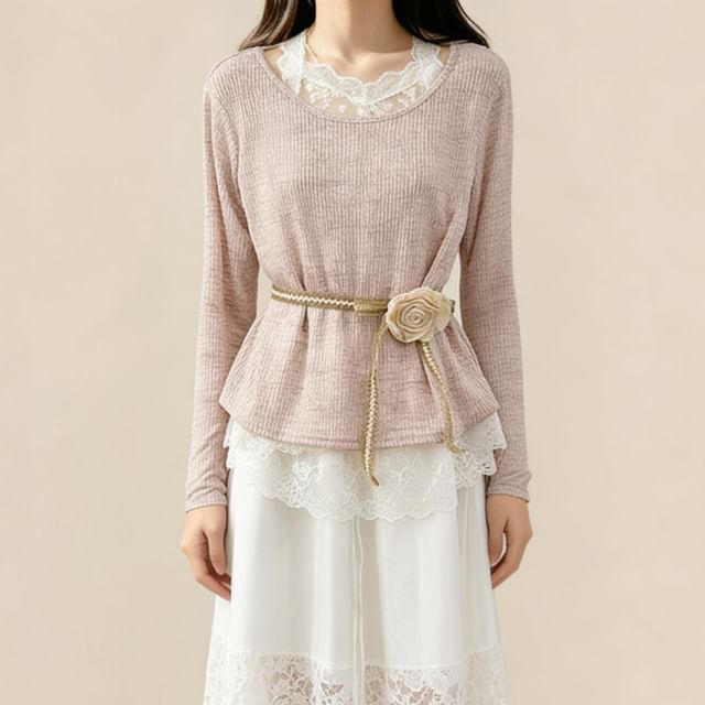 Lace Trim Mock Two-Piece Long-Sleeve Tee