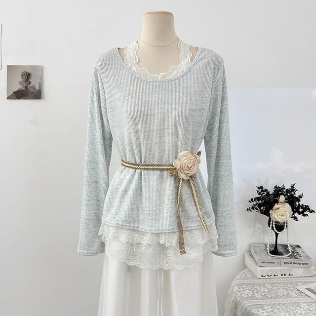 Lace Trim Mock Two-Piece Long-Sleeve Tee
