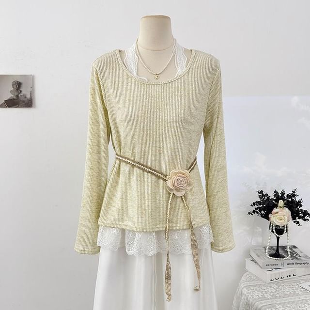 Lace Trim Mock Two-Piece Long-Sleeve Tee