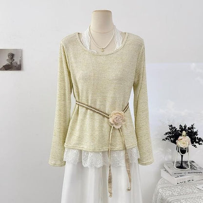 Lace Trim Mock Two-Piece Long-Sleeve Tee