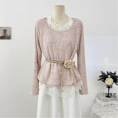 Lace Trim Mock Two-Piece Long-Sleeve Tee