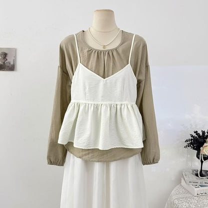 Round Neck Plain Shirt & Peplum V-Neck Cami Set