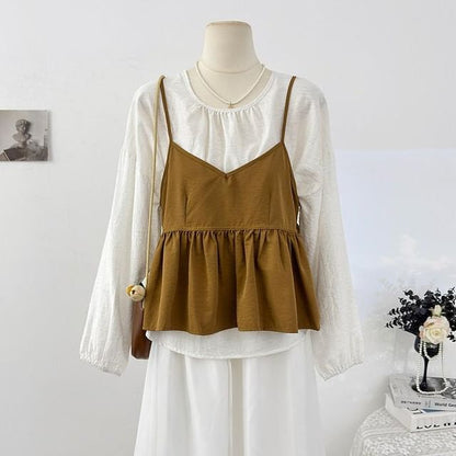 Round Neck Plain Shirt & Peplum V-Neck Cami Set