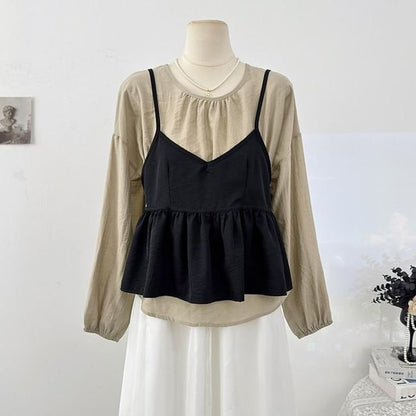 Round Neck Plain Shirt & Peplum V-Neck Cami Set