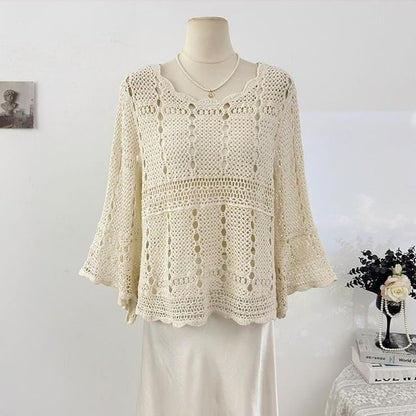 Scallop Trim Flared-Sleeve Knit Top