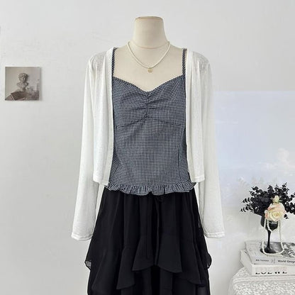 Cardigan & Plaid Ruffle Camisole Ensemble