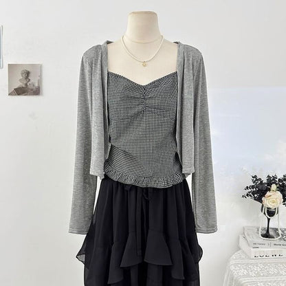 Cardigan & Plaid Ruffle Camisole Ensemble