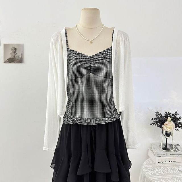 Cardigan & Plaid Ruffle Camisole Ensemble