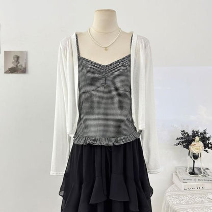 Cardigan & Plaid Ruffle Camisole Ensemble
