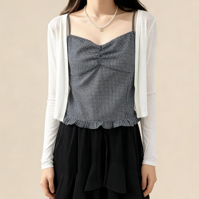 Cardigan & Plaid Ruffle Camisole Ensemble