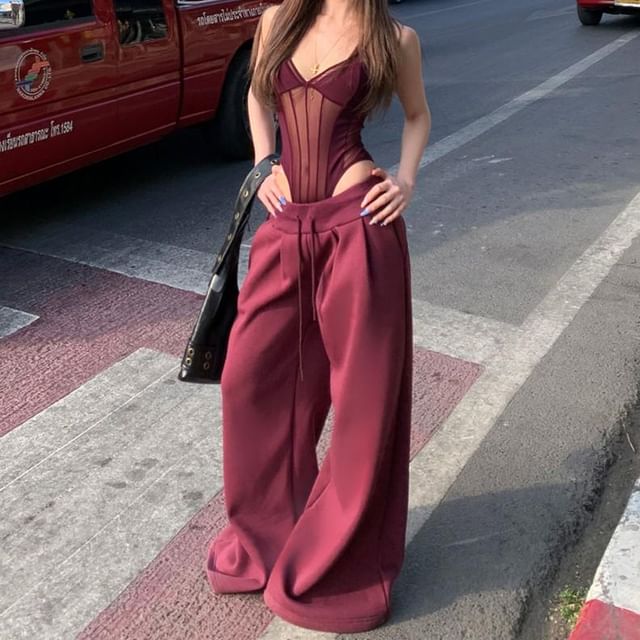 Mesh Panel V-Neck Bodysuit & Baggy Drawstring Pants