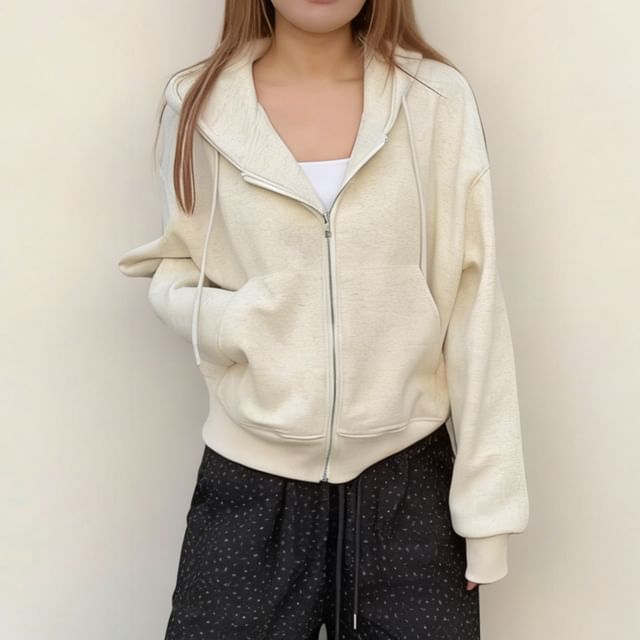 Cropped Zip-Up Plain Hoodie