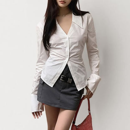 V-Neck Shirt with Flared Sleeves and Solid Pattern