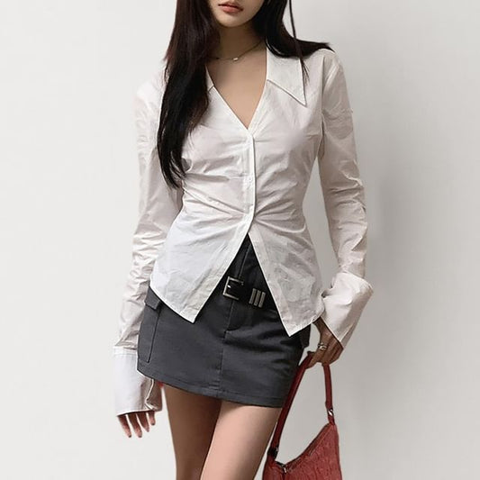 V-Neck Shirt with Flared Sleeves and Solid Pattern