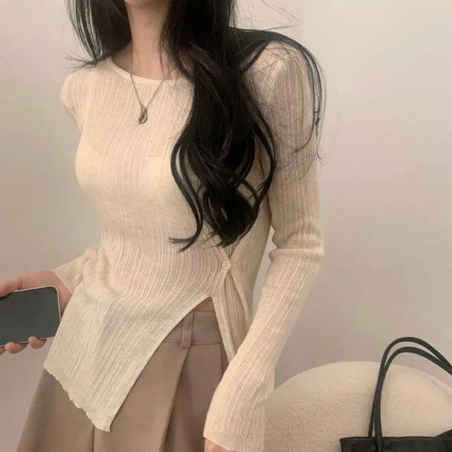Ribbed Top with Side Slits, Crew Neck, and Long Sleeves