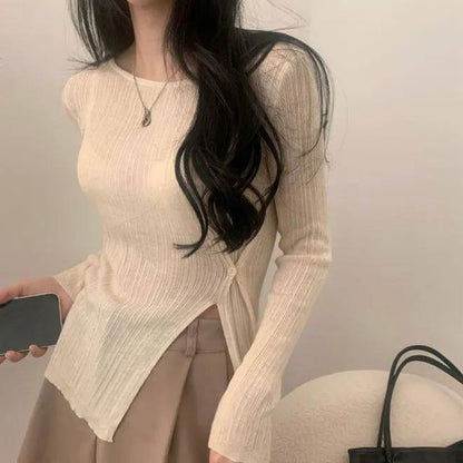 Ribbed Top with Side Slits, Crew Neck, and Long Sleeves