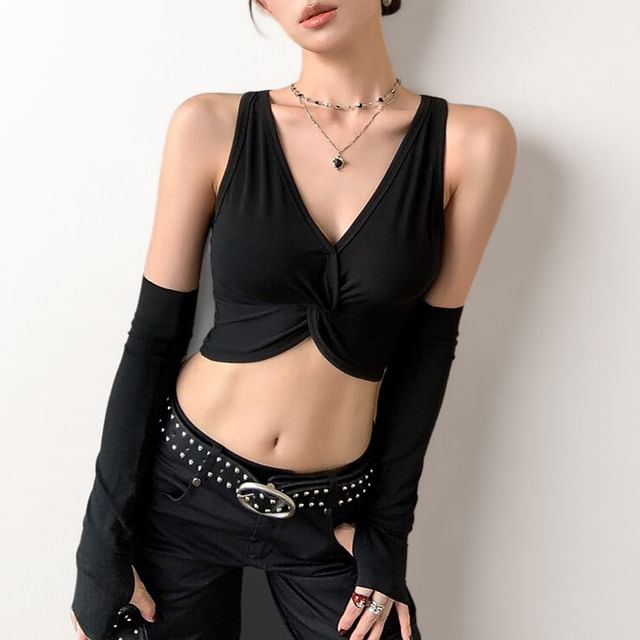 Cropped Halter Top with Front Slit Knot and V-Neck
